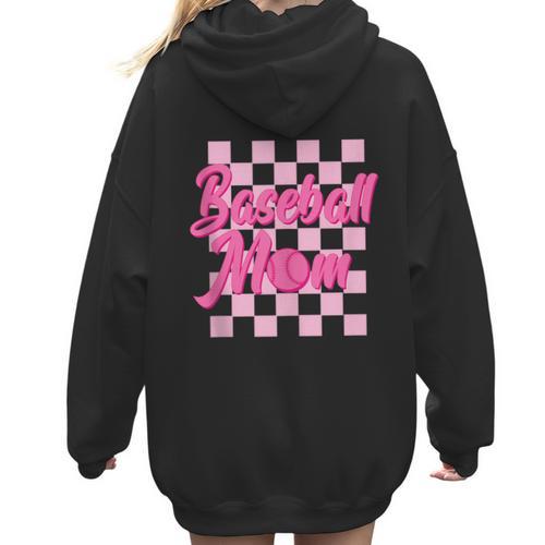 Baseball Mom And Pink Grid Sports Mother Mama Player Women Hoodie Back Print - Sportilla