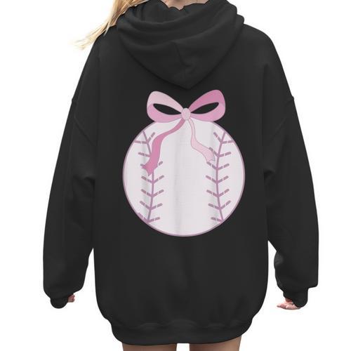 Coquette Baseball Mom Pink Bow Baseball Mama Women Hoodie Back Print - Sportilla