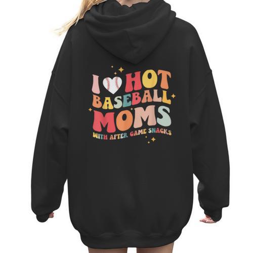 Groovy Retro I Love Hot Baseball Moms With After Game Snacks Women Hoodie Back Print - Sportilla