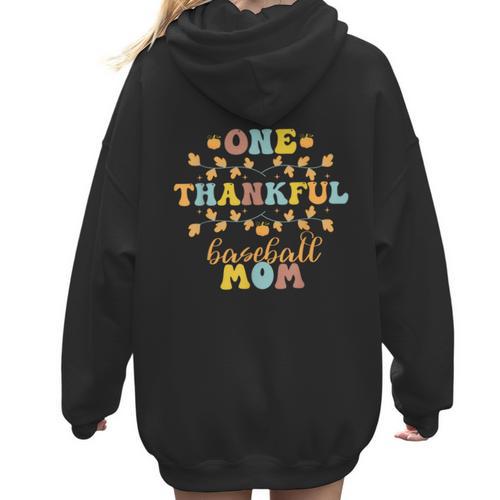 Groovy Retro One Thankful Baseball Mom Thanksgiving Fall Women Hoodie Back Print - Sportilla