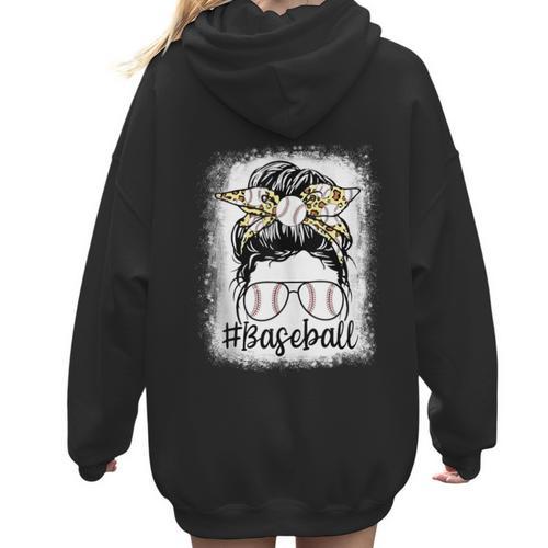 Leopard Messy Bun Mom Mother's Day Baseball Mommy Women Hoodie Back Print - Sportilla