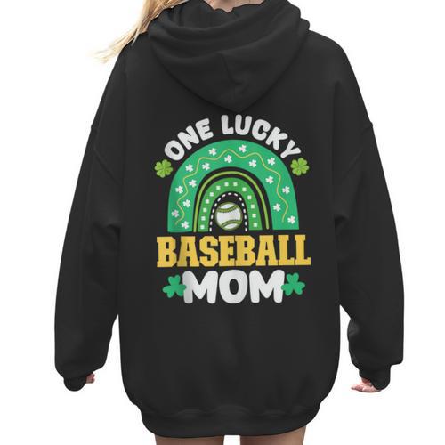 One Lucky Baseball Mom St Patricks Day Rainbow Mother Mama Women Hoodie Back Print - Sportilla