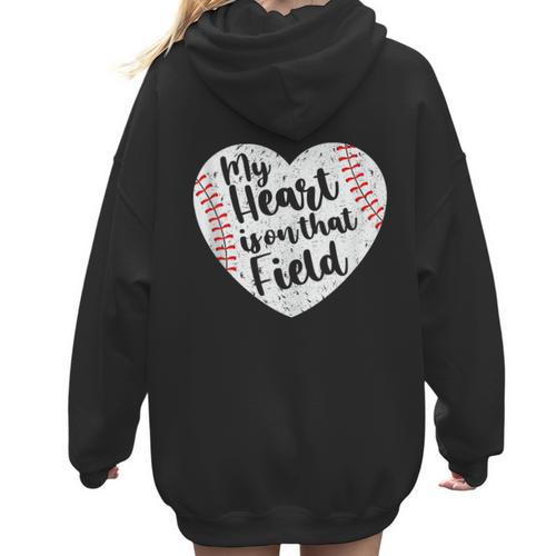 Retro My Heart Is On That Field Baseball Mom Mother's Day Women Hoodie Back Print - Sportilla