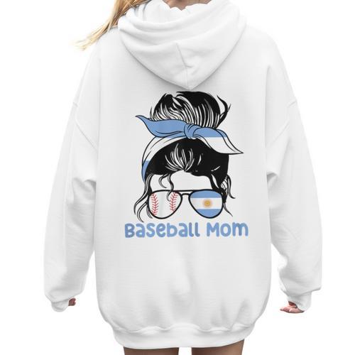 Argentina Baseball Mom Messy Bun Women Hoodie Back Print - Sportilla