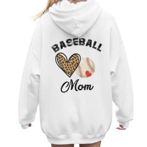 Baseball Mom Leopard Heart Baseball Player Kids Women Hoodie Back Print - Sportilla