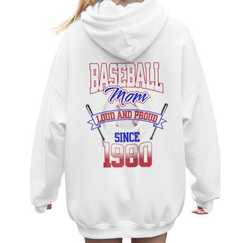 Baseball Mom Loud & Proud Since 1980 Raglan Baseball Tee Women Hoodie Back Print - Sportilla