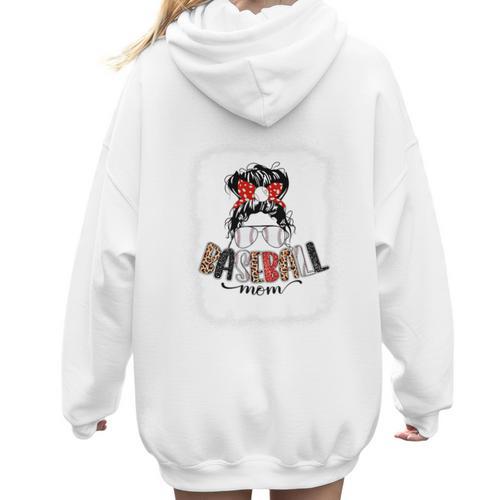 Baseball Mom Messy Bun Mommy Baseball Player Premium Women Hoodie Back Print - Sportilla