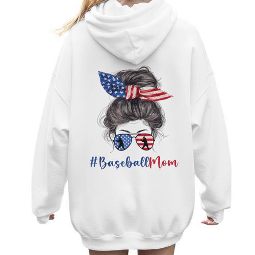 Baseball Mom USA American Flag 4th Of July Women Hoodie Back Print - Sportilla