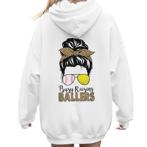 Busy Raising Ballers Tennis Baseball Mom Messy Bun Leopard Women Hoodie Back Print - Sportilla