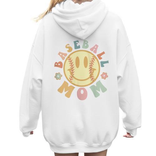 Groovy Retro Floral Happy Smiling Face Baseball Mom Women Hoodie Back Print - Sportilla