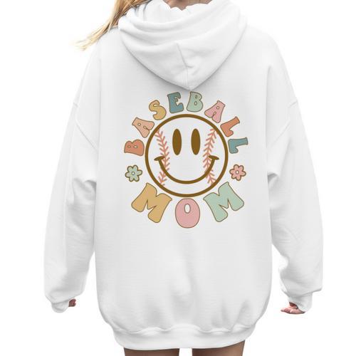 Happy Baseball Mom Groovy Retro Floral Smiling Face Women Hoodie Back Print - Sportilla