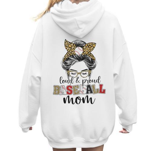 Loud And Proud Baseball Mom Messy Bun Leopard Baseball Mom Women Hoodie Back Print - Sportilla