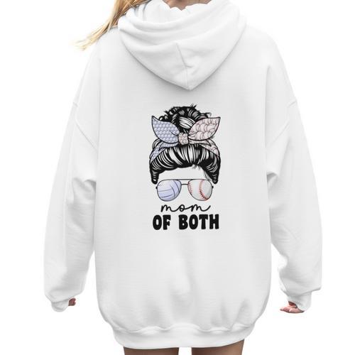 Mom Of Both Volleyball And Baseball Mom For Women Messy Bun Women Hoodie Back Print - Sportilla