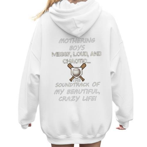 Mothering Boys Messy Loud Chaotic Baseball Mom Premium Women Hoodie Back Print - Sportilla