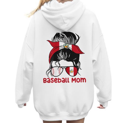 Peru Baseball Mom Messy Bun Women Hoodie Back Print - Sportilla
