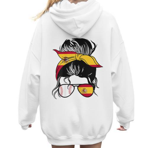 Spanish Baseball Mom Messy Bun Spain Baseball Girl Women Hoodie Back Print - Sportilla