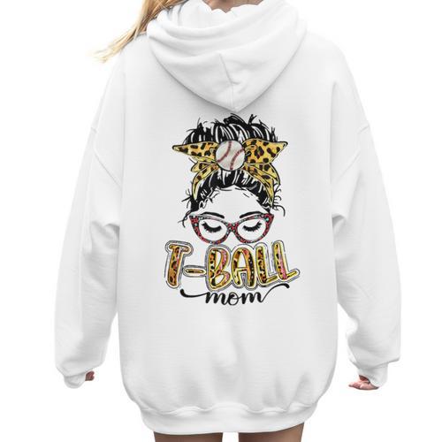 T Ball Mom Messy Bun Leopard Baseball Mom Leopard Women Hoodie Back Print - Sportilla