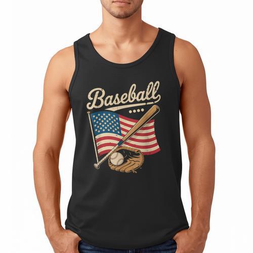 American Flag Baseball Player Bat Fan Catcher Pitcher USA Men Tank Top - Sportilla