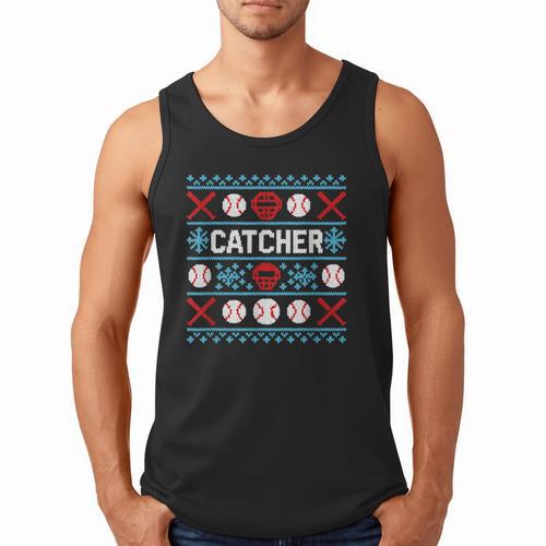 Baseball Catcher Ugly Christmas Sweater Pattern Sports Xmas Men Tank Top - Sportilla