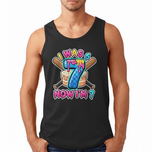 Blue Checkered I Was 6 Now I'm 7 Birthday Cake Baseball Drip Men Tank Top - Sportilla