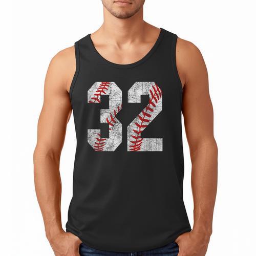 Distressed Baseball Number 32 Jersey Uniform Player Fan Men Tank Top - Sportilla