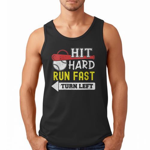 Women's Hit Hard Run Fast Turn Left Baseball Quote Fan Coach Men Tank Top - Sportilla