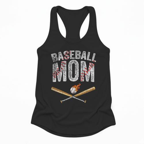 Baseball Mom Crossed Bats With Ball On Fire Distressed Flowy Tank - Sportilla