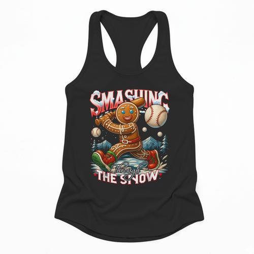 Baseball Player Christmas Gingerbread Smashing Through Snow Flowy Tank - Sportilla