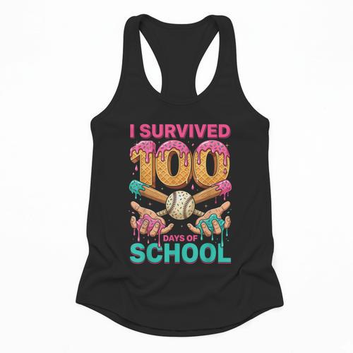 I Survived 100 Days Of School Baseball Ice Cream Drip Flowy Tank - Sportilla