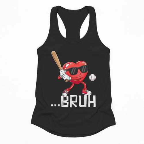 Valentines Bruh Red Heart Playing Baseball Men Boys Kids Flowy Tank - Sportilla