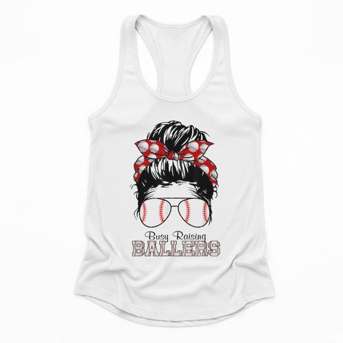 Busy Raising Ballers Messy Bun Funny Baseball Mom Flowy Tank - Sportilla