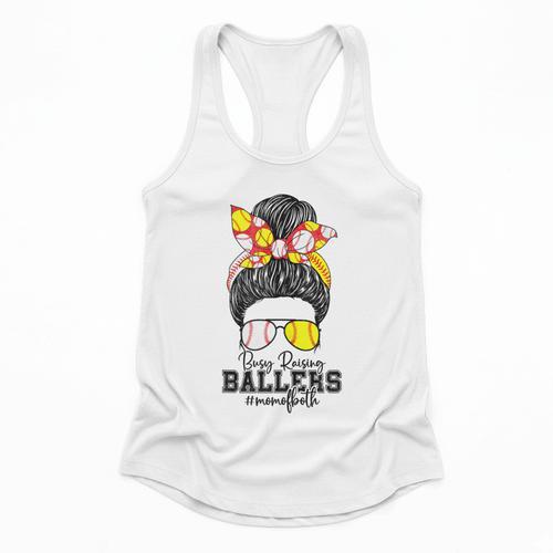 Busy Raising Ballers Softball Messy Bun Baseball Mom Flowy Tank - Sportilla