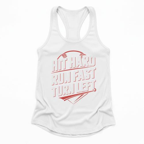 Hit Hard Run Fast Turn Left Baseball Fan Red Graphic Flowy Tank - Sportilla