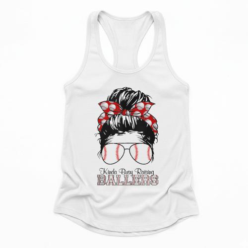 Kinda Busy Raising Ballers Messy Bun Funny Baseball Mom Flowy Tank - Sportilla