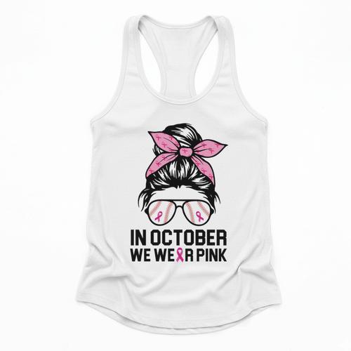 In October We Wear Pink Baseball Mom Messy Bun Breast Cancer Flowy Tank - Sportilla