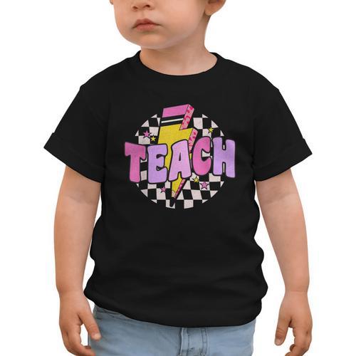 Retro Checkered Teach Pencil Lightning Back To School Graphic Toddler T-Shirt - Savourry