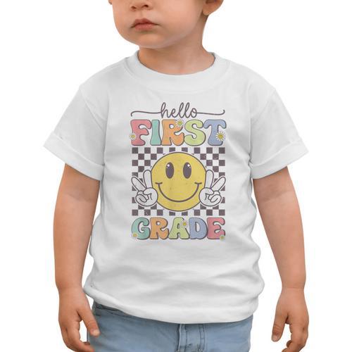 1st Grade Team Back To School Hello First Grade Smile Face Graphic Toddler T-Shirt - Savourry