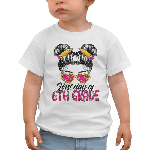 First Day Of 6th Grade Messy Hair Bun Girl Back To School Graphic Toddler T-Shirt - Savourry