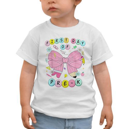 First Day Of Pre-K Girls Coquette Bow Back To School Kids Graphic Toddler T-Shirt - Savourry