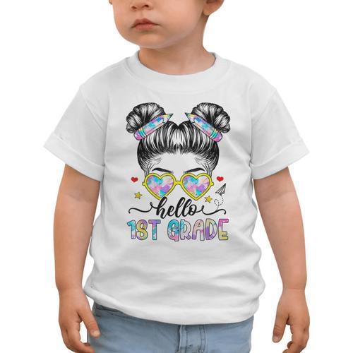 Hello 1st Grade Messy Bun Girl Back To School First Day Graphic Toddler T-Shirt - Savourry