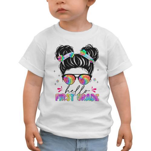 Hello First Grade Shirt Messy Bun Tie Dye Back To School Graphic Toddler T-Shirt - Savourry