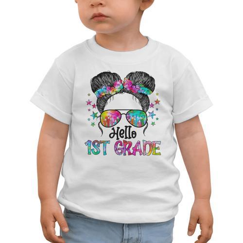 Messy Hair Bun Girl Back To School First Day Hello 1st Grade Graphic Toddler T-Shirt - Savourry