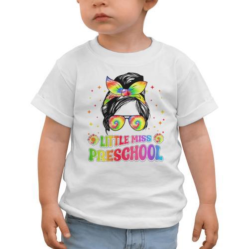 Women's Little Miss Preschool Messy Bun Tie Dye Back To School Girls Graphic Toddler T-Shirt - Savourry