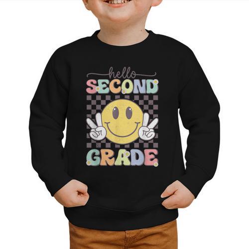 2nd Grade Team Back To School Hello Second Grade Smile Face Graphic Toddler Sweatshirt - Savourry