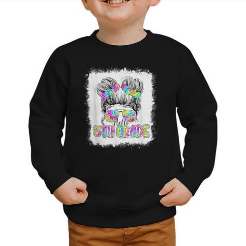 Back To School Hello 5th Grade Cute Messy Bun Tie Dye Girls Graphic Toddler Sweatshirt - Savourry