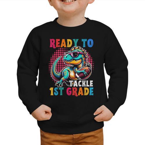 First Day Back To School 1st Grade Boys Football Dinosaur Graphic Toddler Sweatshirt - Savourry