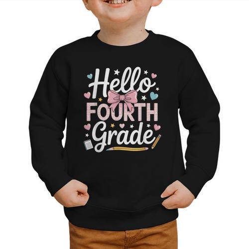 Hello Fourth Grade Back To School Girl Hearts Pink Bow Kids Graphic Toddler Sweatshirt - Savourry