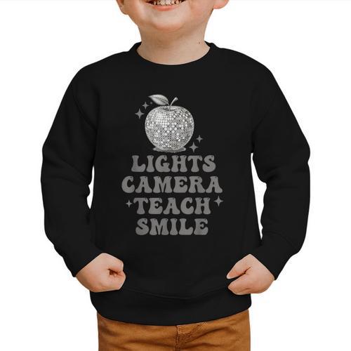 Lights Camera Teach Smile Disco-Ball Back To School Outfit Graphic Toddler Sweatshirt - Savourry
