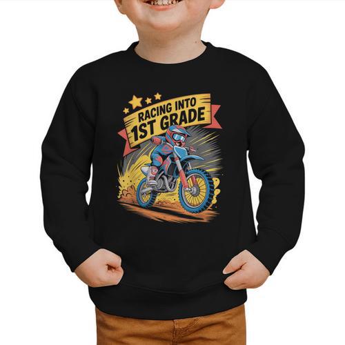 Motocross Dirt Bike Back To School Racing Into 1st Grade Graphic Toddler Sweatshirt - Savourry