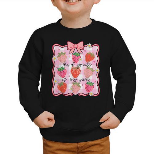Preppy Back To School 3rd Grade Is My Jam Strawberry Bow Graphic Toddler Sweatshirt - Savourry